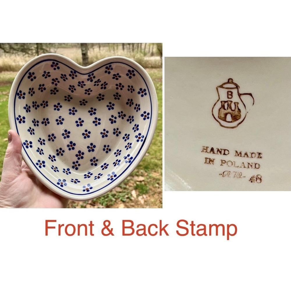 Boleslawiec Polish Pottery Heart Shaped Baking Dish Wall Hanger Dot Stamp Flower